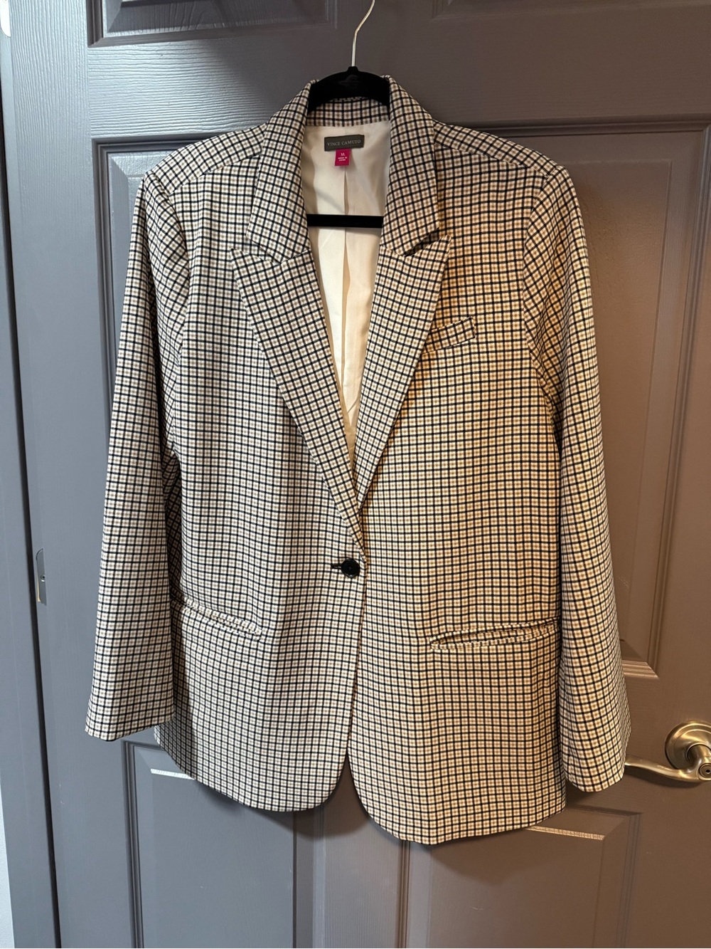 Vince Camuto Cream and Black Checked Single-Button Blazer
